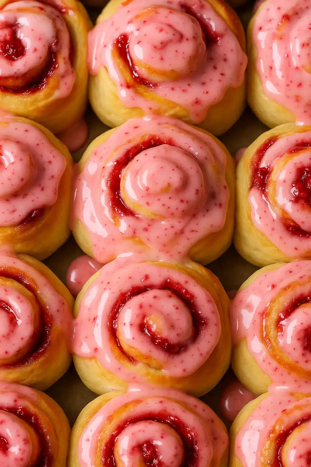 Freshly baked strawberry cinnamon rolls topped with glossy pink strawberry glaze, arranged closely in a baking pan.