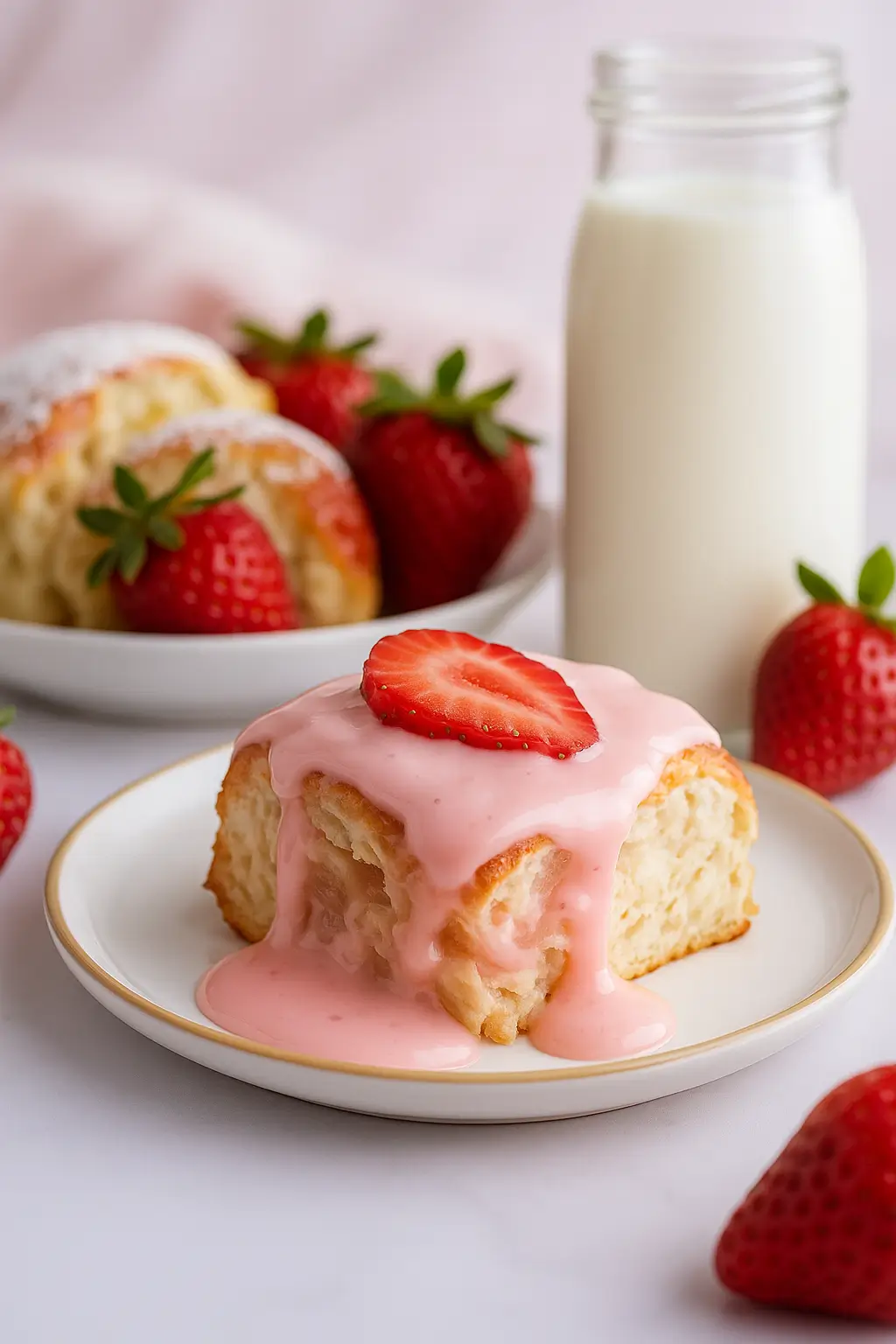 A strawberry cinnamon roll topped with pink glaze and a fresh strawberry slice, served on a white plate with milk and whole strawberries in the background.