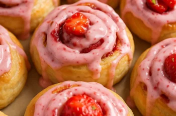 Strawberry cinnamon rolls with pink glaze and whole fresh strawberries on top, displayed in a baking tray ready to serve.