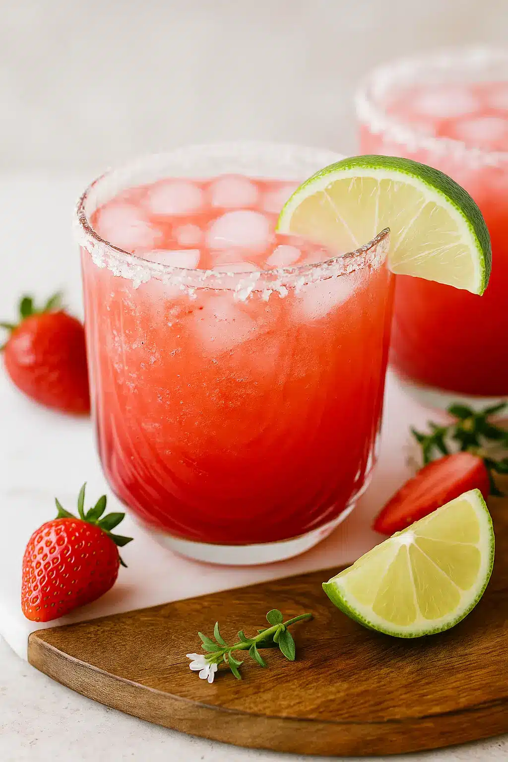 Close-up of a strawberry lime mocktail margarita in a glass with ice, salt rim, and a lime wedge garnish, surrounded by fresh strawberries and lime slices on a wooden board.