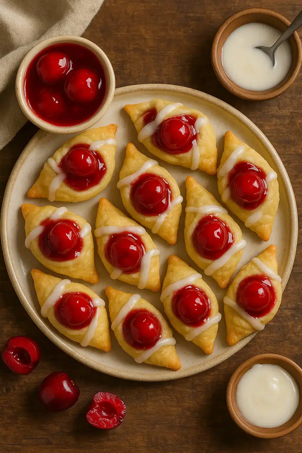 Top-down view of a plate filled with diamond-shaped cherry pie bites, each topped with a glossy cherry and drizzled with white glaze. Surrounding the plate are bowls of cherry filling and icing.