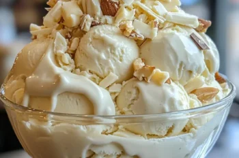 Creamy white chocolate macadamia ice cream served in a tall glass dish, garnished generously with white chocolate chunks and chopped roasted nuts