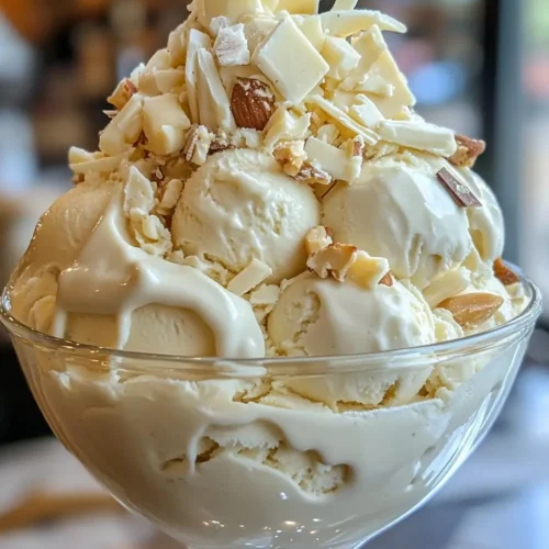 Creamy white chocolate macadamia ice cream served in a tall glass dish, garnished generously with white chocolate chunks and chopped roasted nuts