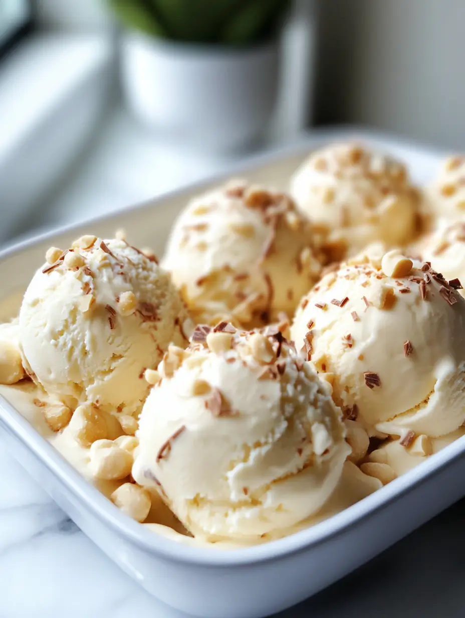 Scoops of homemade white chocolate macadamia ice cream in a white rectangular dish, topped with chopped macadamia nuts and white chocolate shavings