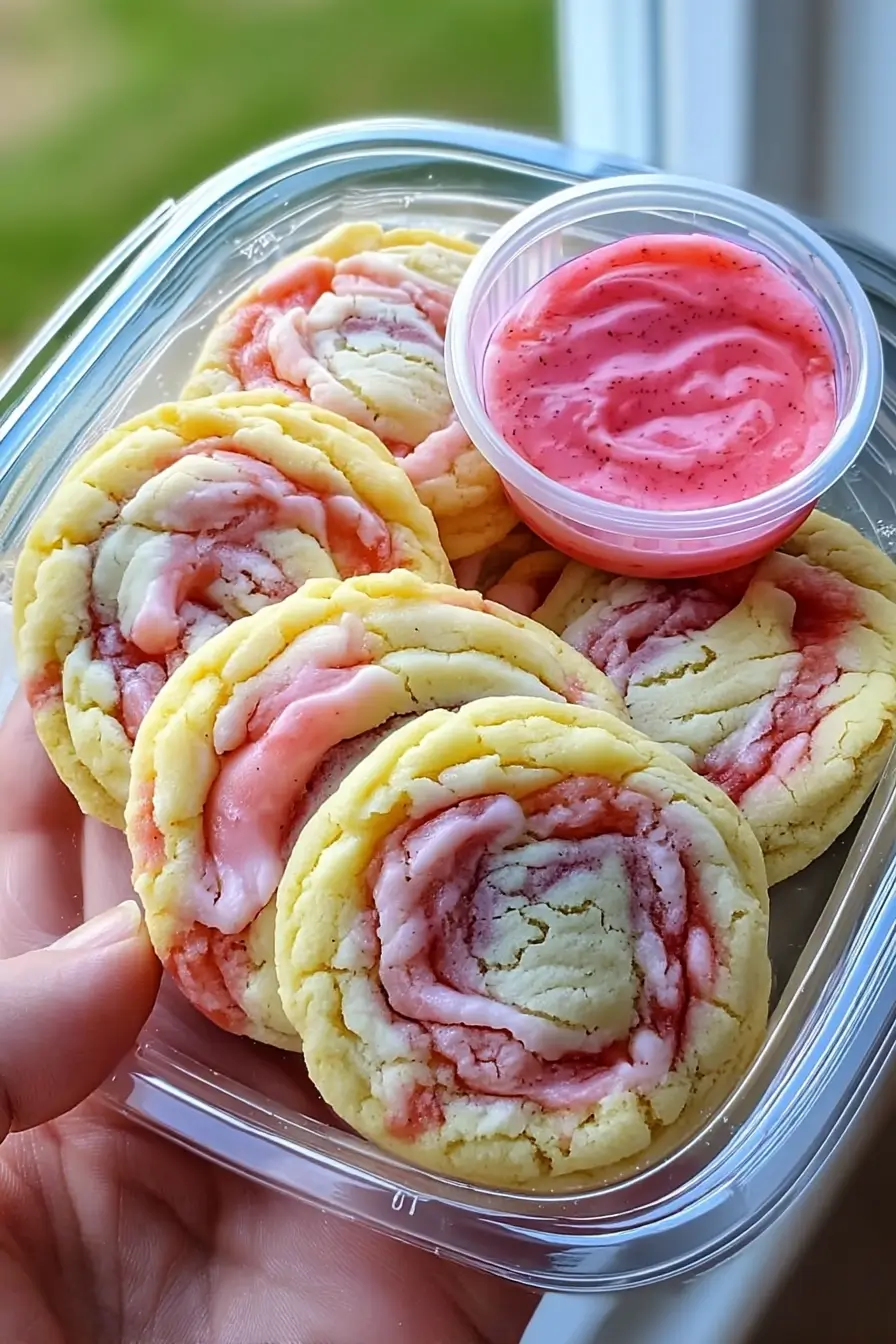 Close-up of Strawberry Banana Pudding Cookies with pink strawberry cheesecake dip in a plastic takeout container.
