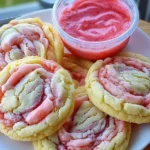 Plate of freshly baked Strawberry Banana Pudding Cookies served with a cup of strawberry cheesecake dip on a wooden table.