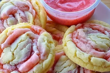 Plate of freshly baked Strawberry Banana Pudding Cookies served with a cup of strawberry cheesecake dip on a wooden table.