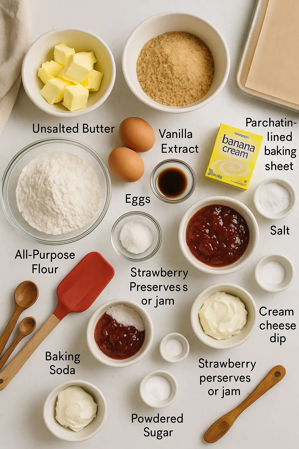 Flat lay of ingredients for Strawberry Banana Pudding Cookies and cheesecake dip, including banana pudding mix, butter, flour, strawberry preserves, and cream cheese.