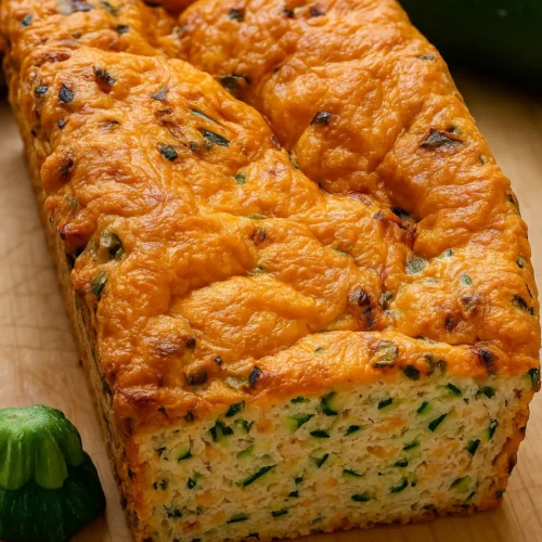 Close-up of a golden-brown whole zucchini cheese bread loaf with visible bits of zucchini and melted cheese on top.