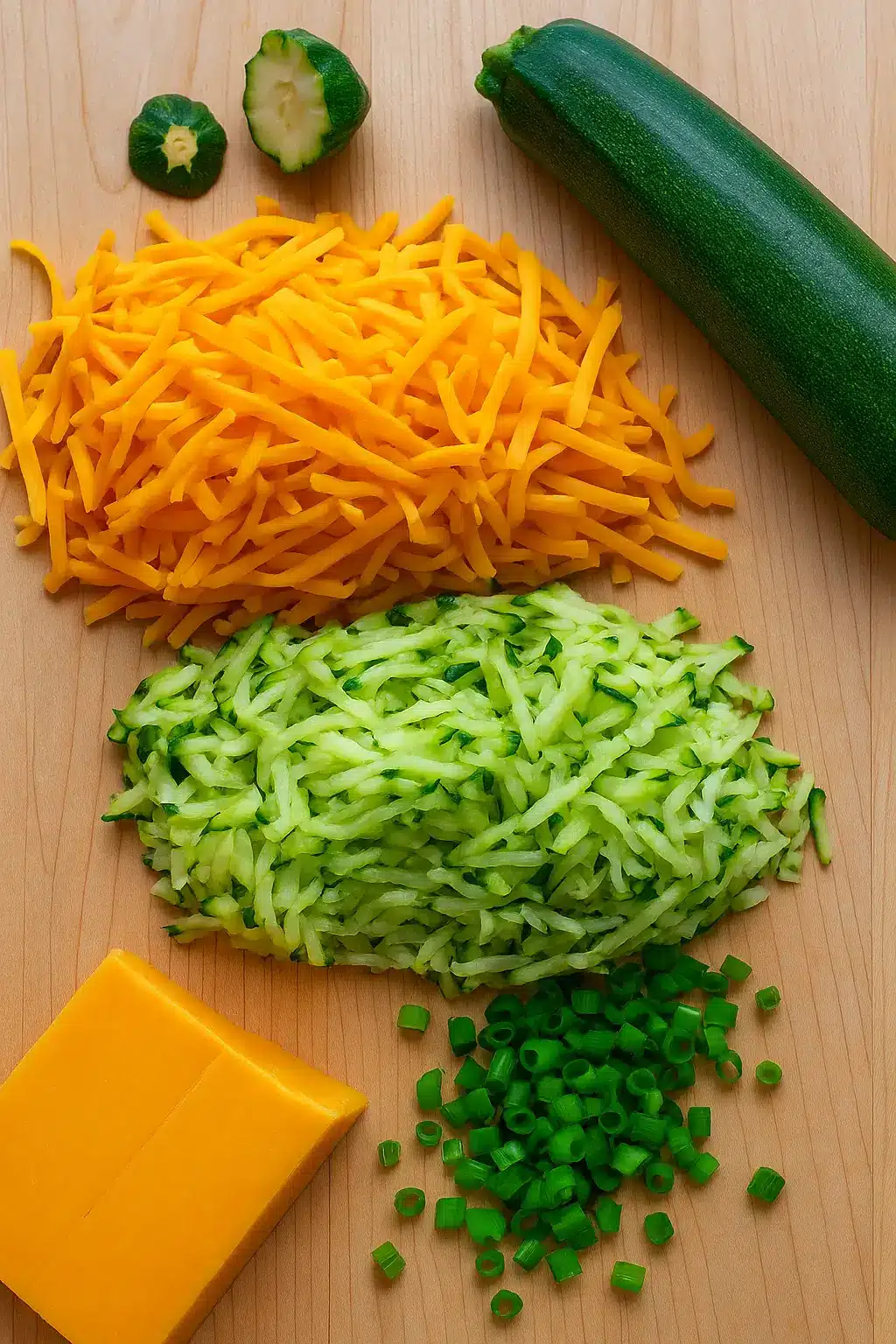 Shredded cheddar cheese, grated zucchini, green onions, and whole zucchini on a wooden board, ready for making zucchini cheese bread.