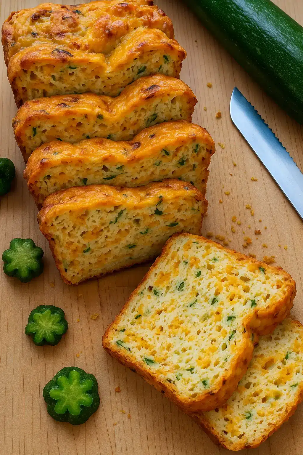 Freshly baked zucchini cheese bread sliced on a wooden board, showing a moist and cheesy interior with zucchini flecks.