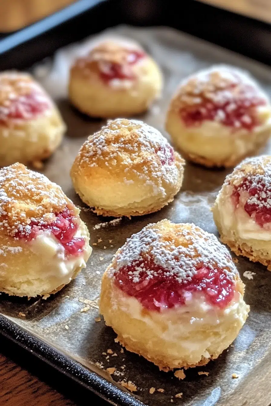 Golden brown rhubarb cheesecake bombs with a hint of red rhubarb filling and a dusting of powdered sugar on a baking tray