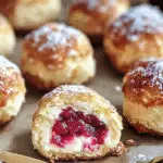 Overhead view of freshly baked twice-baked rhubarb cheesecake bombs topped with powdered sugar on parchment-lined baking tray