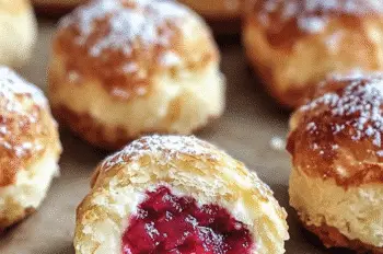 Overhead view of freshly baked twice-baked rhubarb cheesecake bombs topped with powdered sugar on parchment-lined baking tray