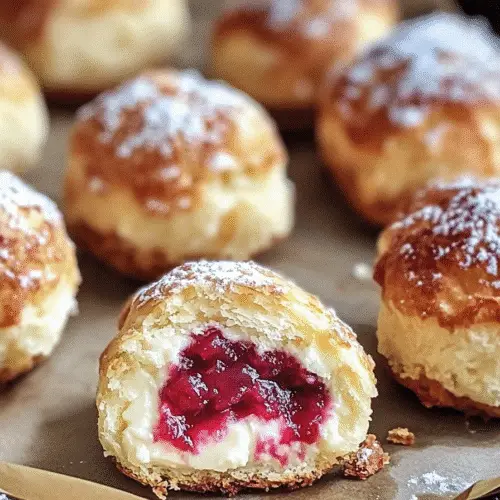 Overhead view of freshly baked twice-baked rhubarb cheesecake bombs topped with powdered sugar on parchment-lined baking tray