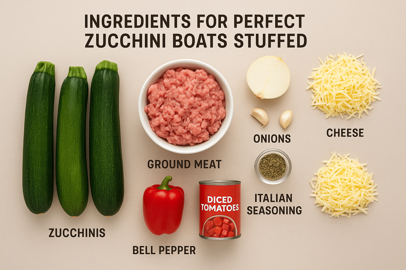 Overhead view of labeled ingredients for stuffed zucchini boats on a beige background. Includes three fresh zucchinis, a bowl of raw ground meat, half an onion, two garlic cloves, a red bell pepper, a can of diced tomatoes, a pile of shredded cheese, and a small bowl of Italian seasoning, each clearly labeled with bold text.