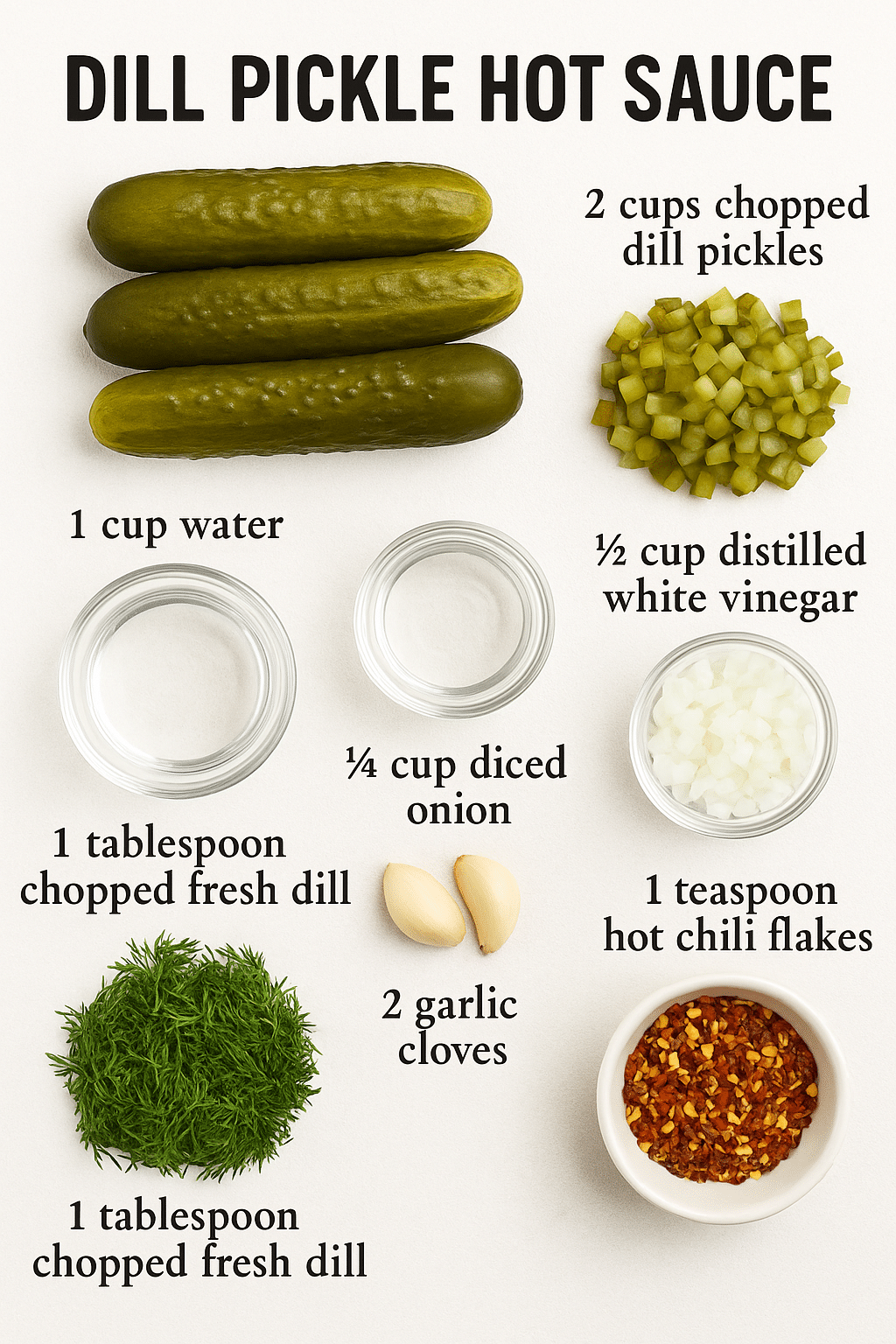 Ingredients for homemade dill pickle hot sauce including chopped pickles, garlic, vinegar, onion, dill, and chili flakes – easy and flavorful DIY condiment!