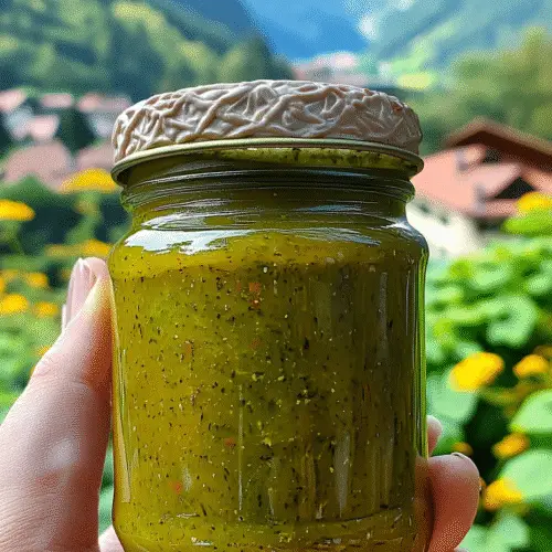 Rustic glass jar filled with zesty homemade dill pickle hot sauce, held outdoors against a picturesque alpine village setting – great for summer grilling