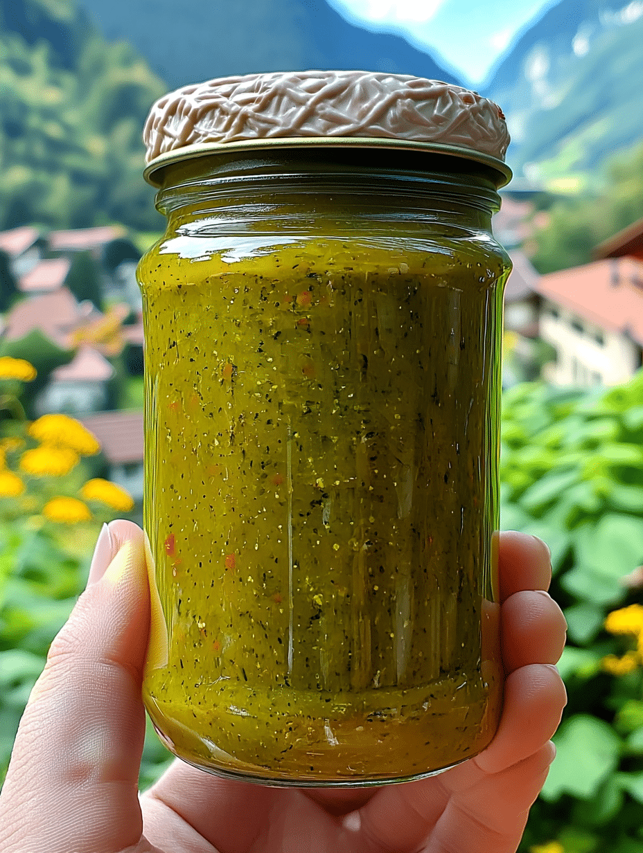 A hand holding a jar of homemade dill pickle hot sauce with a stunning mountain view in the background – perfect for spice lovers and pickle fans alike!