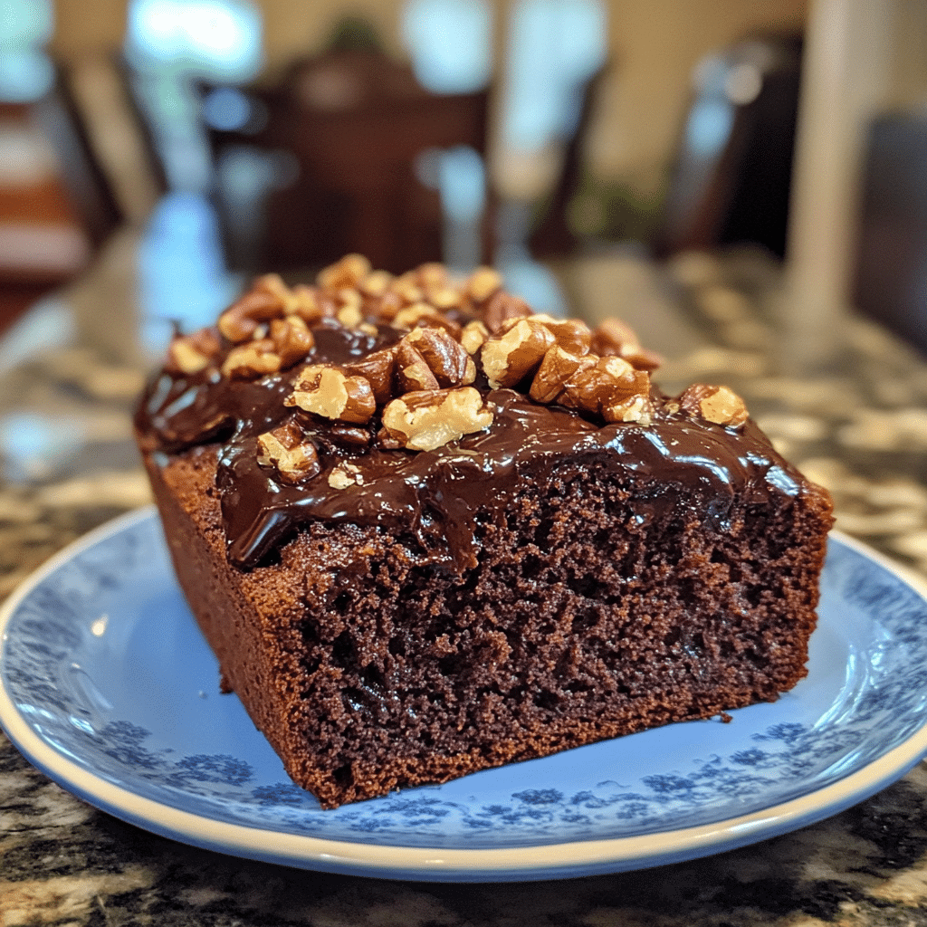 A thick slice of chocolate zucchini bread topped with glossy chocolate glaze and chopped walnuts, served on a vintage blue plate.