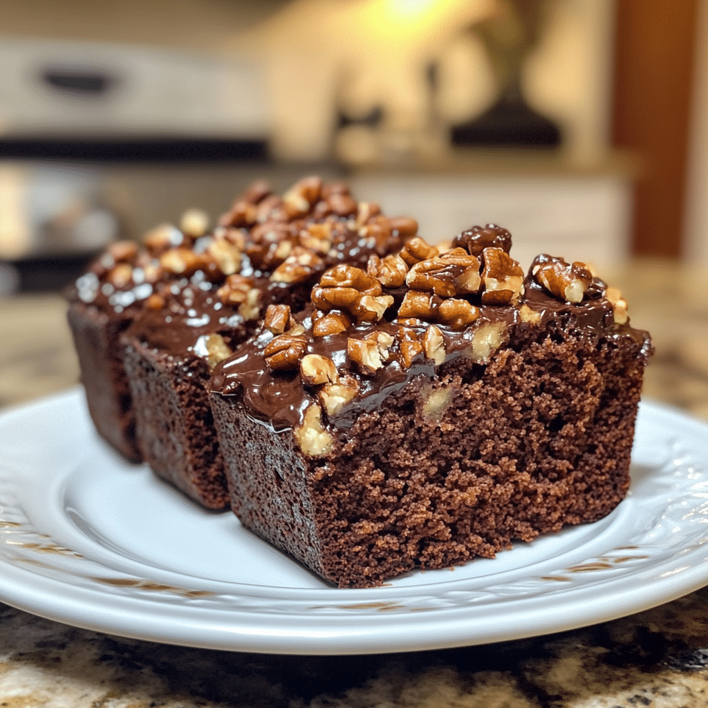 Three slices of moist chocolate zucchini bread with a rich chocolate glaze and crunchy walnut topping on a white ceramic plate.