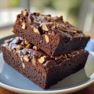 Two stacked pieces of fudgy chocolate zucchini bread with chopped walnuts baked inside and on top, on a modern gray plate.