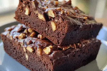 Two stacked pieces of fudgy chocolate zucchini bread with chopped walnuts baked inside and on top, on a modern gray plate.