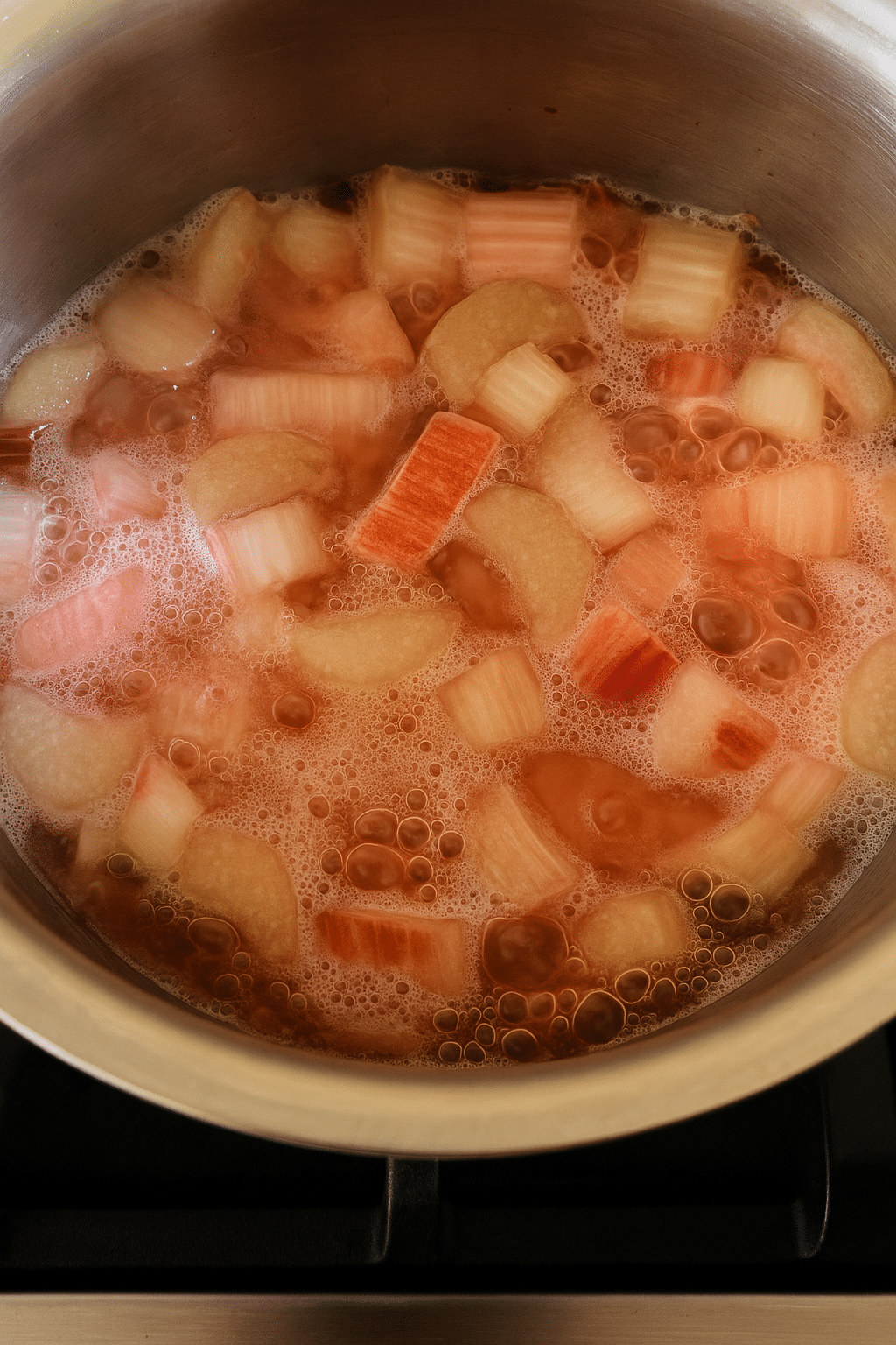 Chopped fresh rhubarb simmering in a pot with bubbles forming