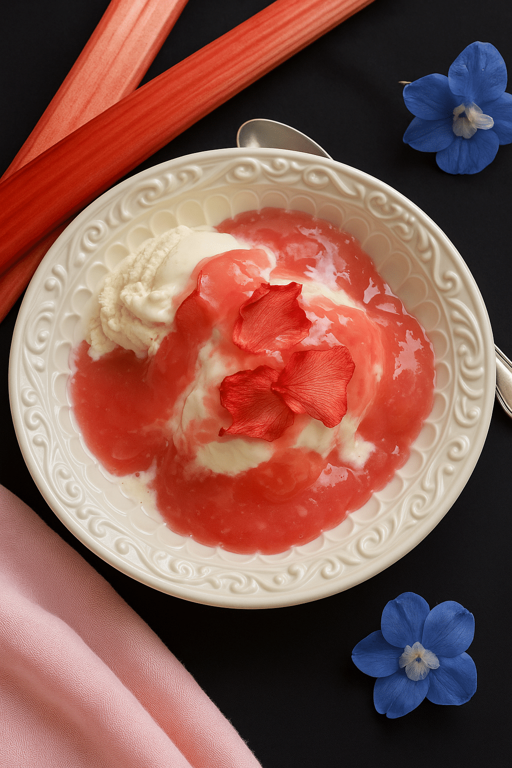 Vanilla ice cream topped with pink rhubarb sauce and rhubarb petals in a white bowl