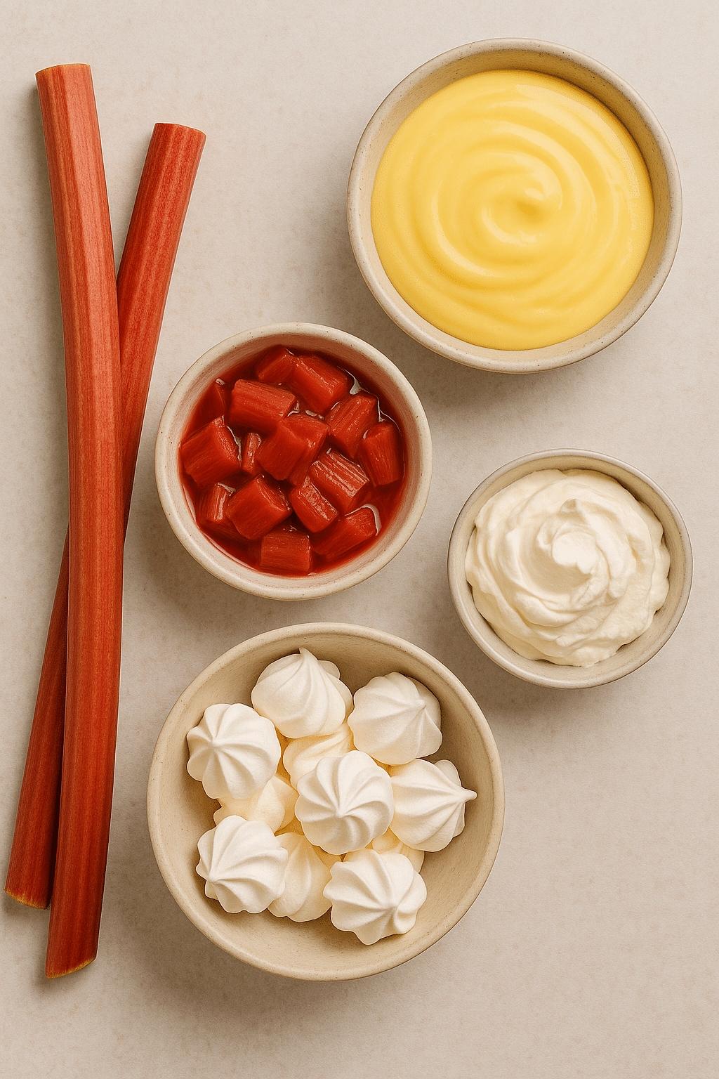 ingredints for creamy Rhubarb and Custard Eton Mess
