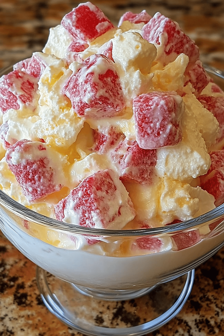 Close-up of creamy Rhubarb and Custard Eton Mess in a glass dessert bowl, with red rhubarb pieces and whipped cream swirls