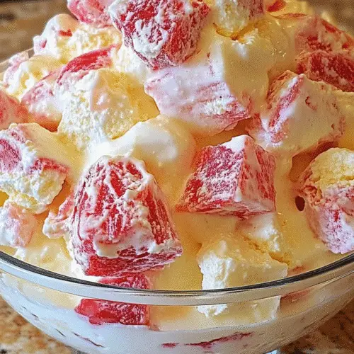 Side view of a layered Rhubarb & Custard Eton Mess in a glass bowl, showing fluffy meringue, rich custard, and ruby-red rhubarb