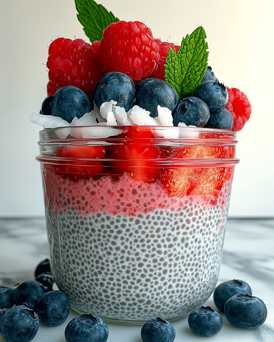 Chia seed pudding topped with strawberries, blueberries, raspberries, coconut flakes, and mint in a clear glass jar with berries scattered around