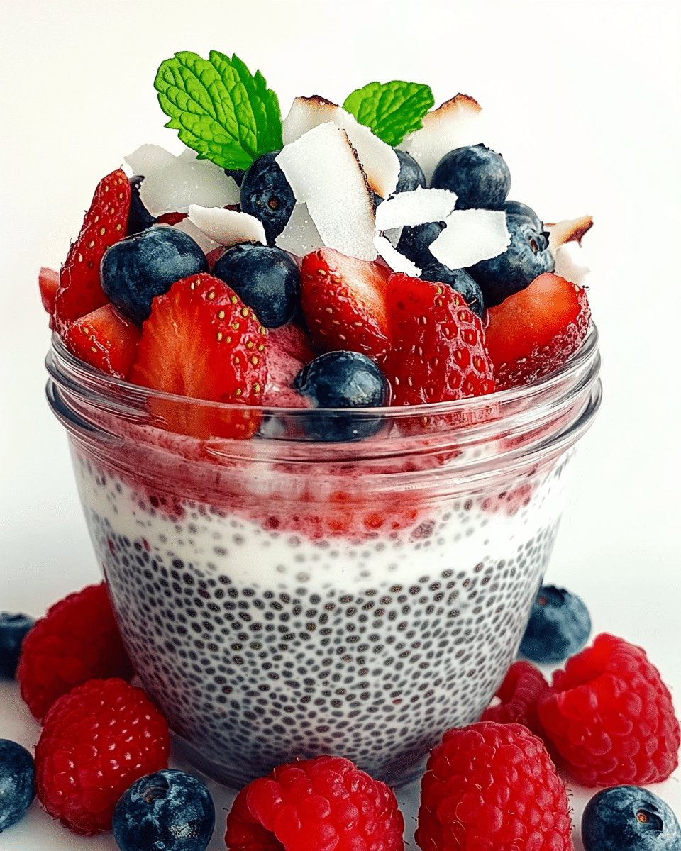 Layered chia pudding in a glass with a middle berry compote layer, topped with fresh strawberries, blueberries, coconut, and mint leaves