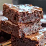 Close-up of fudgy smoky chipotle chocolate brownies with a shiny, crackly top and rich interior.