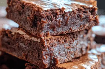Close-up of fudgy smoky chipotle chocolate brownies with a shiny, crackly top and rich interior.