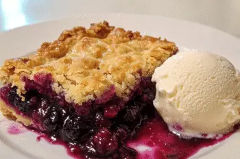 Close-up of blackberry cobbler with juicy berry filling and crisp golden topping, served with a scoop of vanilla ice cream on a square white plate