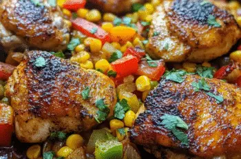 A cast iron skillet filled with Cajun Chicken Skillet with Corn. Juicy, seared chicken thighs with a golden-brown crust rest on a bed of sautéed corn, red and green bell peppers, and onions, all garnished with fresh parsley.