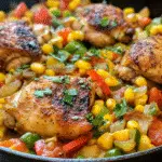 A hearty Cajun Chicken Skillet cooked in a black cast iron pan. The dish features well-seasoned chicken thighs surrounded by sweet corn, colorful diced bell peppers, onions, and a light savory sauce, garnished with chopped herbs.