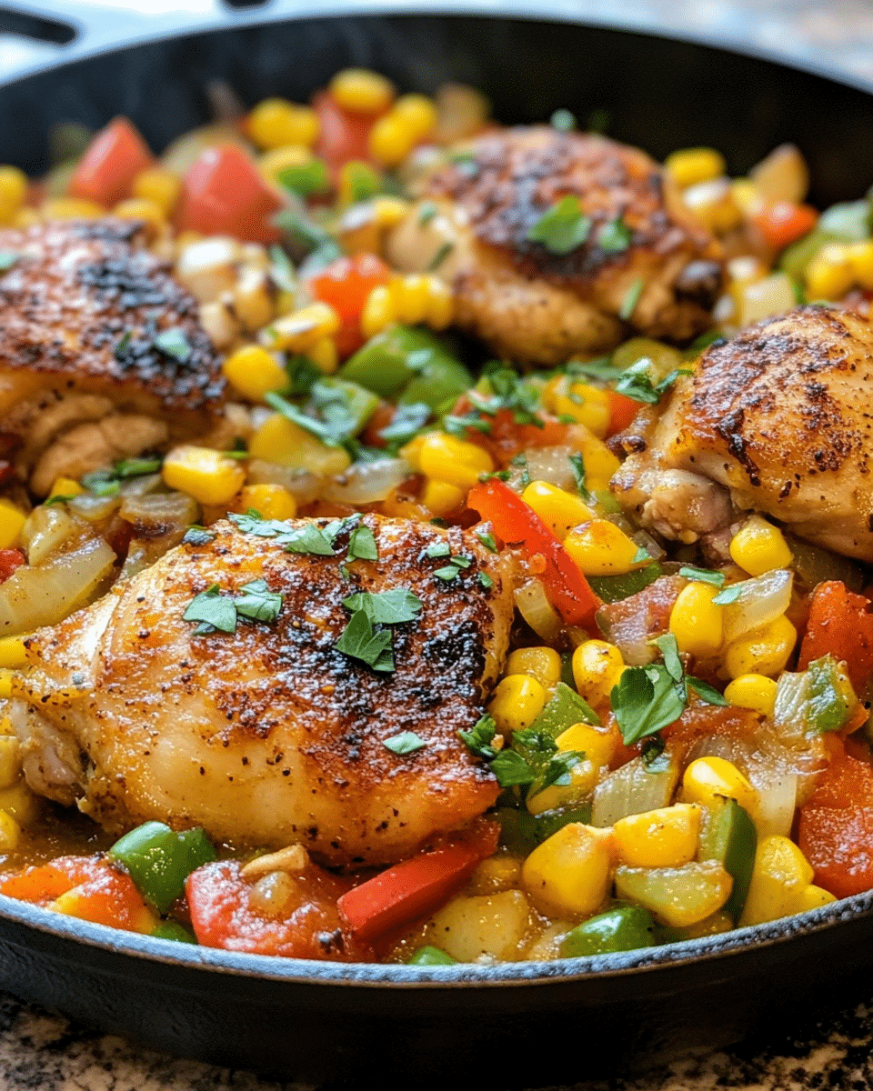 A hearty Cajun Chicken Skillet cooked in a black cast iron pan. The dish features well-seasoned chicken thighs surrounded by sweet corn, colorful diced bell peppers, onions, and a light savory sauce, garnished with chopped herbs.