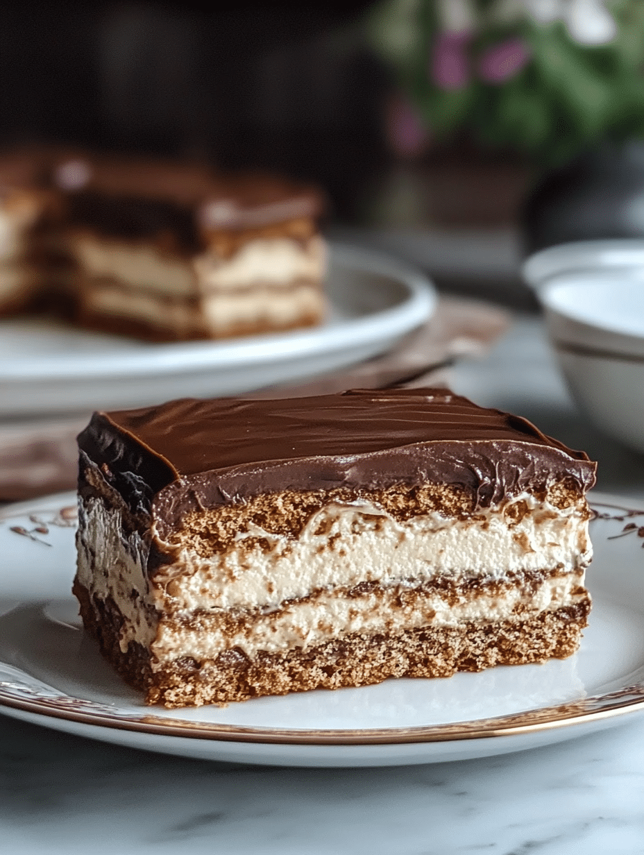 Slice of no-bake chocolate eclair cake on vintage floral plate with chocolate ganache topping and creamy vanilla layers.