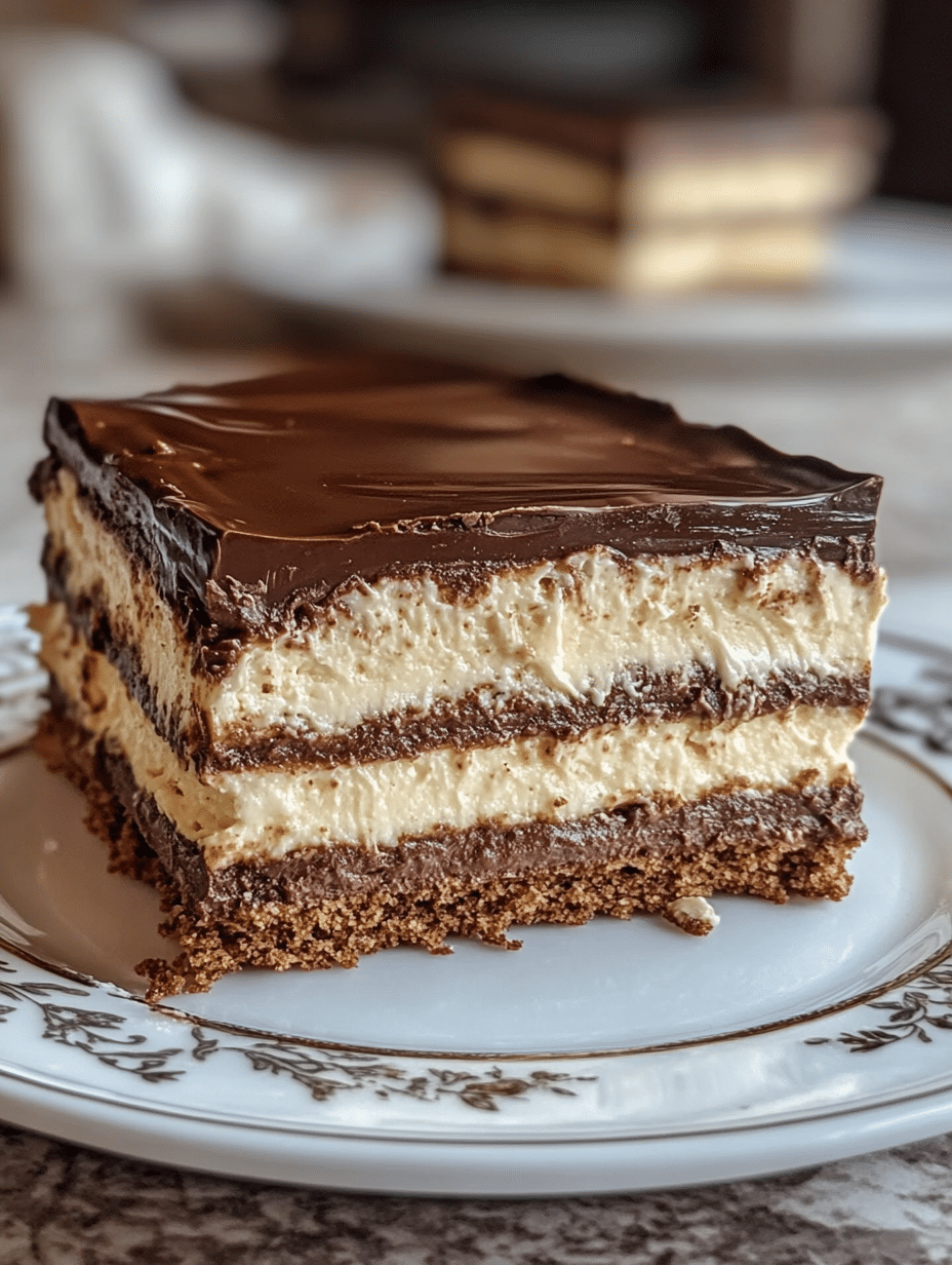 Close-up of chocolate eclair icebox cake featuring thick chocolate frosting and graham cracker layers filled with vanilla pudding cream.