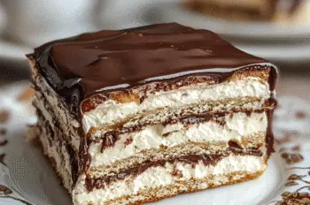 Elegant dessert slice of no-bake chocolate eclair cake with alternating layers of graham crackers, whipped vanilla pudding, and chocolate glaze.