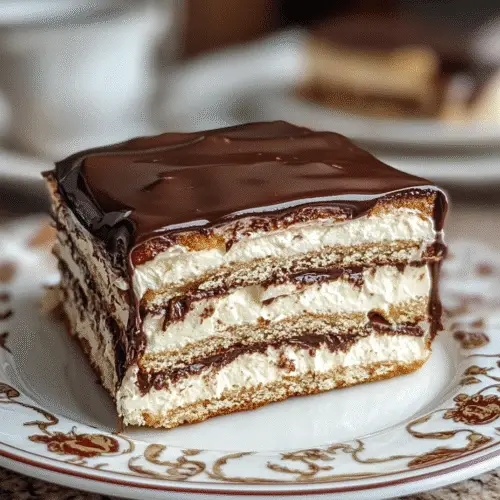Elegant dessert slice of no-bake chocolate eclair cake with alternating layers of graham crackers, whipped vanilla pudding, and chocolate glaze.