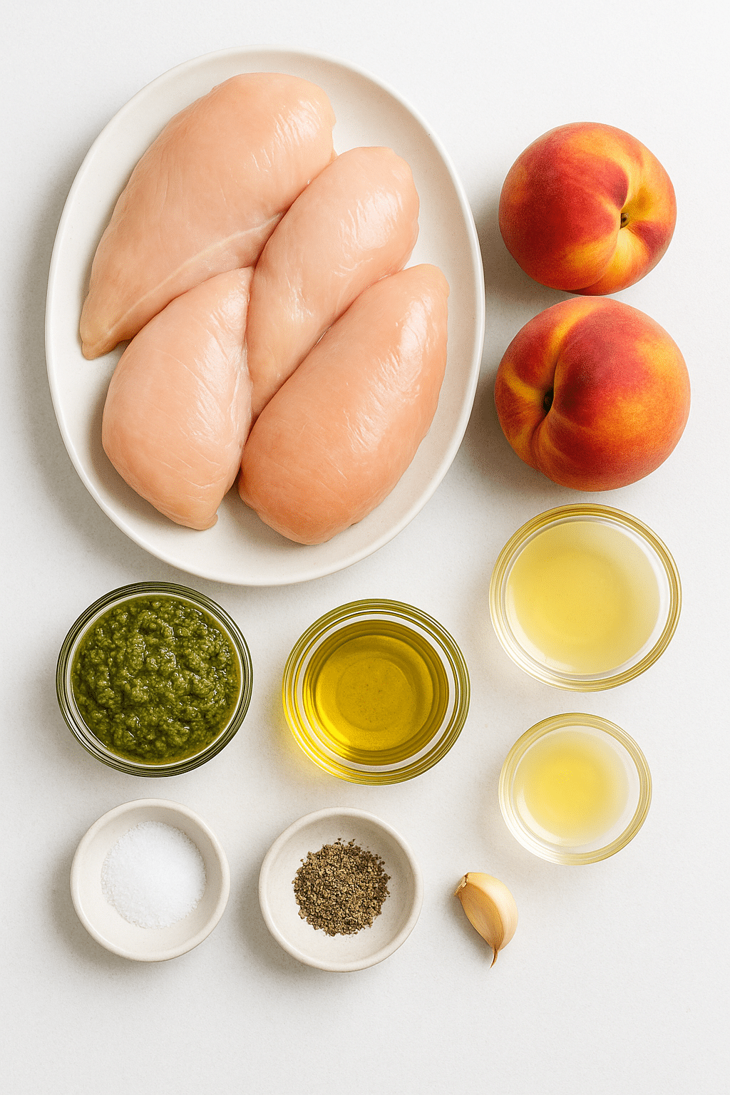 Raw chicken breasts, ripe peaches, pesto, olive oil, lemon juice, chicken broth, garlic, salt, and pepper neatly arranged on a white surface