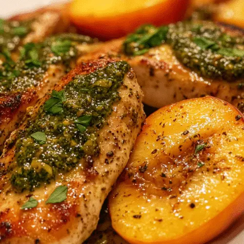 Close-up of seared chicken breasts topped with pesto, served with golden, pan-seared peach halves