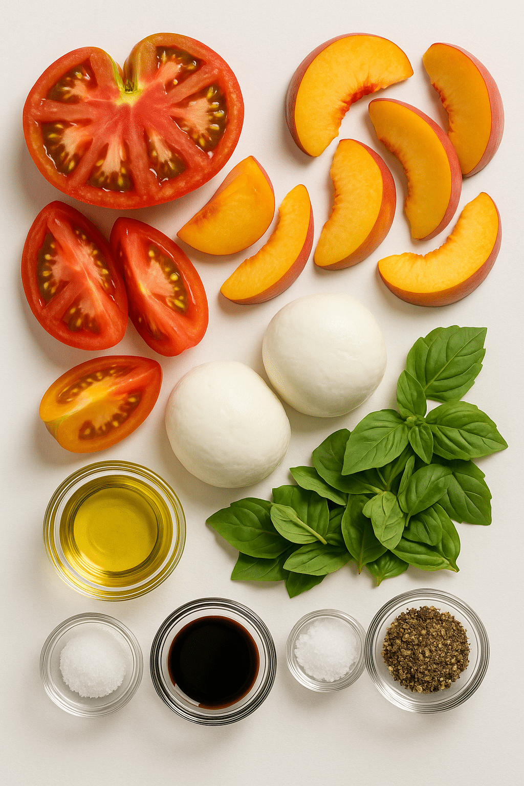 A flat lay of fresh ingredients for Tomato Peach Burrata Salad, including halved heirloom tomatoes, peach slices, two balls of burrata cheese, basil leaves, and small bowls of olive oil, balsamic glaze, sea salt, and black pepper, all displayed on a light background.