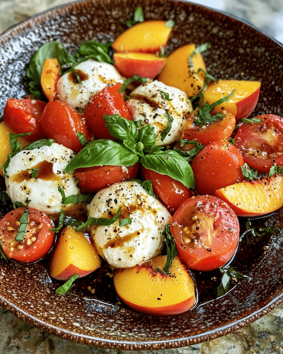 A rustic brown bowl filled with a vibrant Tomato Peach Burrata Salad. Juicy peach slices, heirloom tomato halves, and creamy burrata balls are layered with fresh basil leaves, drizzled with olive oil and balsamic glaze, and sprinkled with cracked black pepper.
