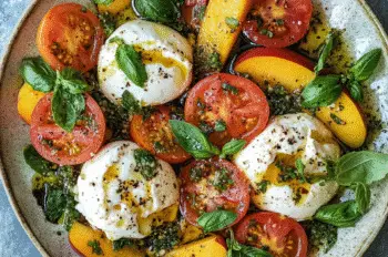 A top-down view of a Tomato Peach Burrata Salad beautifully arranged on a ceramic beige plate. The dish features sliced heirloom tomatoes, ripe peach wedges, burrata cheese, and scattered basil leaves, all drizzled with olive oil and balsamic glaze.