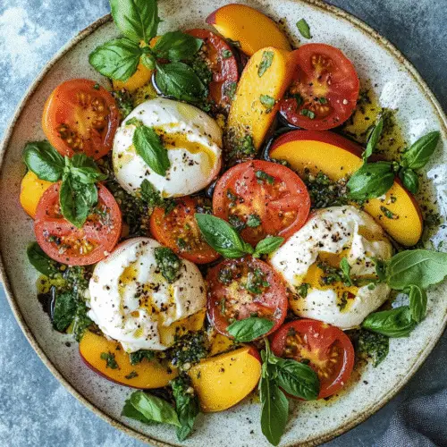 A top-down view of a Tomato Peach Burrata Salad beautifully arranged on a ceramic beige plate. The dish features sliced heirloom tomatoes, ripe peach wedges, burrata cheese, and scattered basil leaves, all drizzled with olive oil and balsamic glaze.